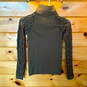 Free People High Neck Fitted Top, Olive Green, Size M/L